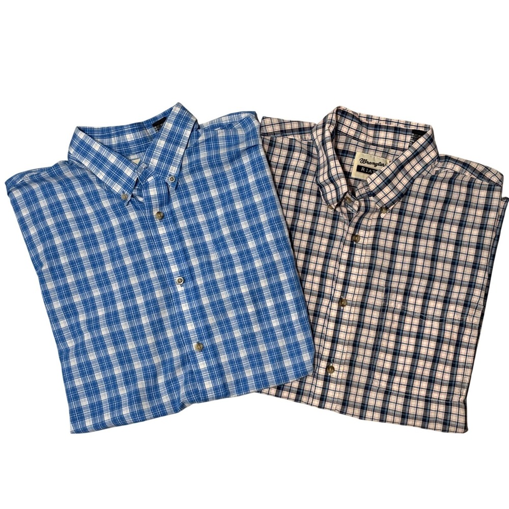 2 Wrangler Riata Mens Button Down Shirts Size XL Plaid SS Western Cowboy Classic